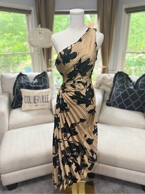 Luxxel One-Shoulder Beige Dress with Black Floral Print